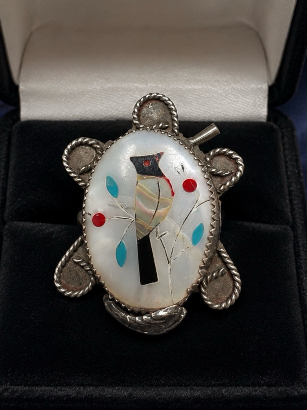 Ring Zuni Inlay Mother-of-Pearl Onyx Turquoise Coral Native American